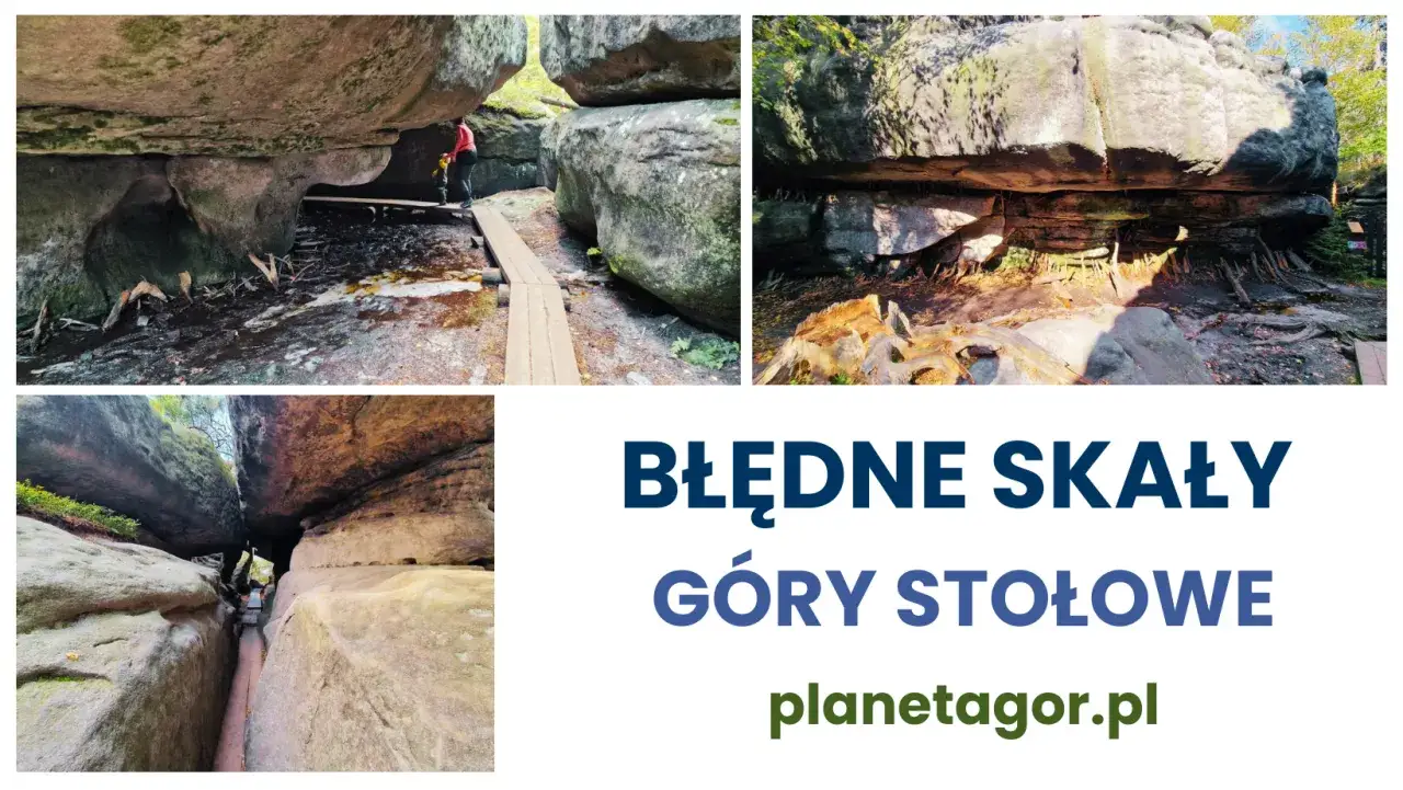 Wąskie przejścia między skałami w Błędnych Skałach, Góry Stołowe. Drewniane kładki prowadzą przez skalne labirynty.