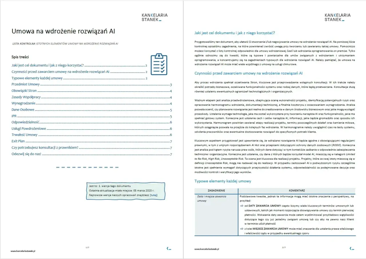 Lista kontrolna elementów umowy na wdrożenie rozwiązań AI z ikoną listy.