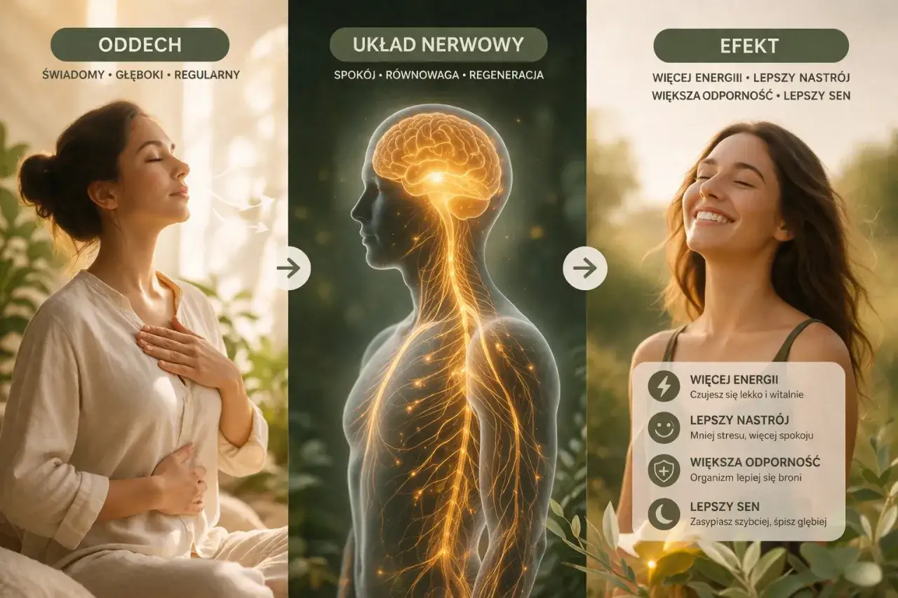 Kobieta oddycha głęboko, co wpływa na jej układ nerwowy, przynosząc spokój i regenerację. Efektem jest lepszy nastrój i więcej energii.