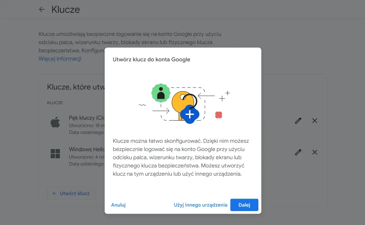 Konfiguracja klucza bezpieczeństwa dla konta Google. Możesz użyć Windows Hello do bezpiecznego logowania.