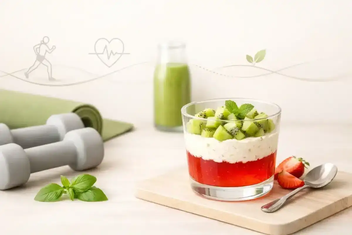 Deser z kiwi i truskawkami, zielony koktajl, hantle i mata do jogi. Czy picie galaretki jest zdrowe? Zależy od składników!