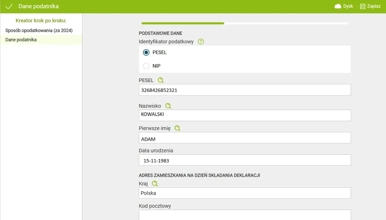 Formularz danych podatnika z polami PESEL, nazwisko, imię, data urodzenia i adres.