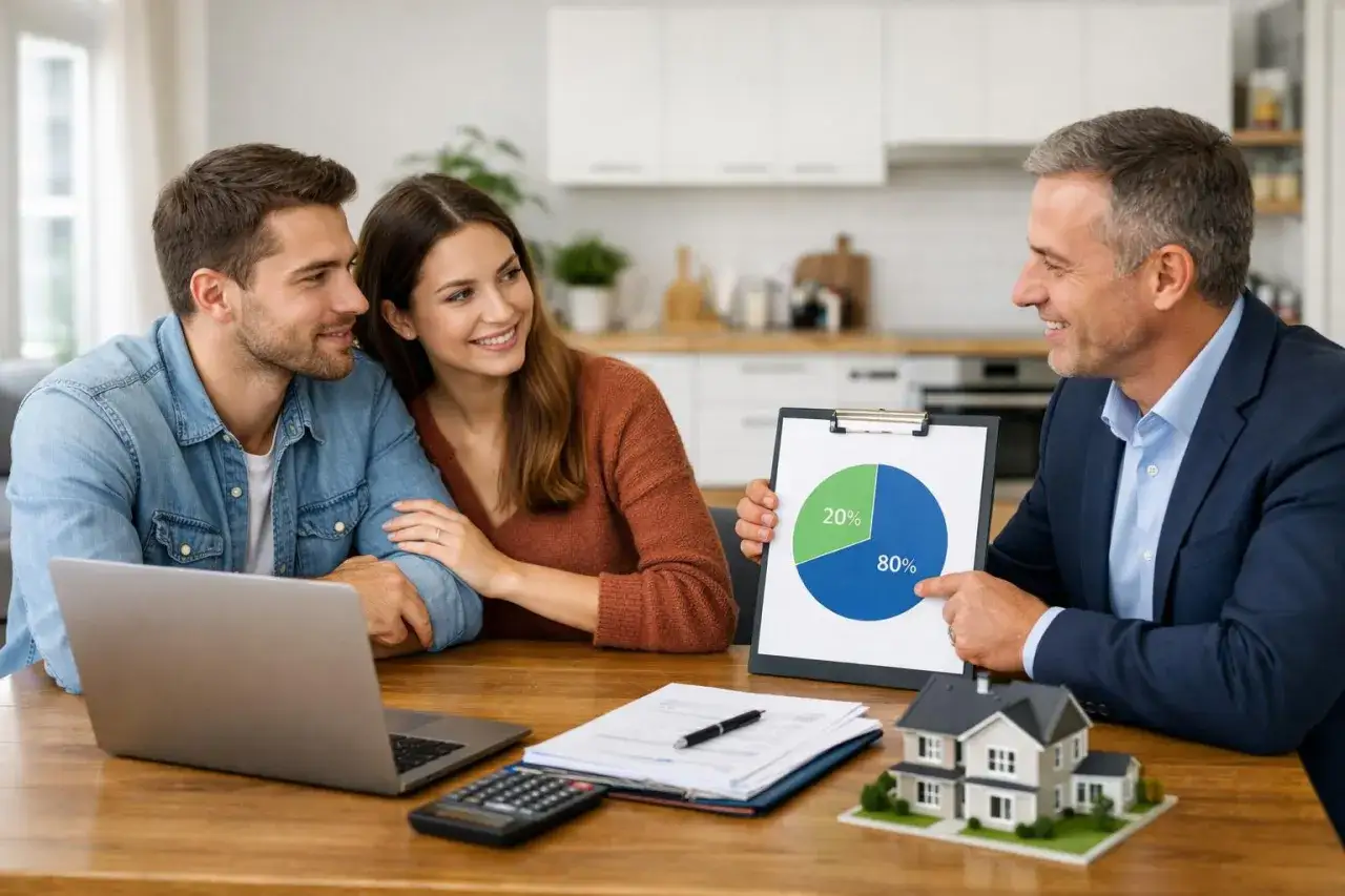 Para omawia z doradcą wykres kołowy 20/80% i model domu.