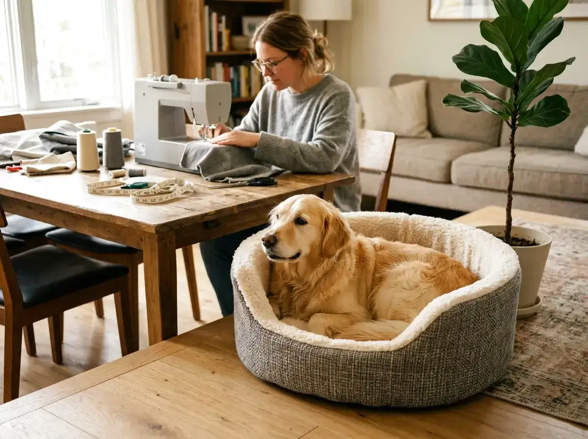 Złoty retriever leży w wygodnym legowisku, podczas gdy kobieta szyje przy stole.
