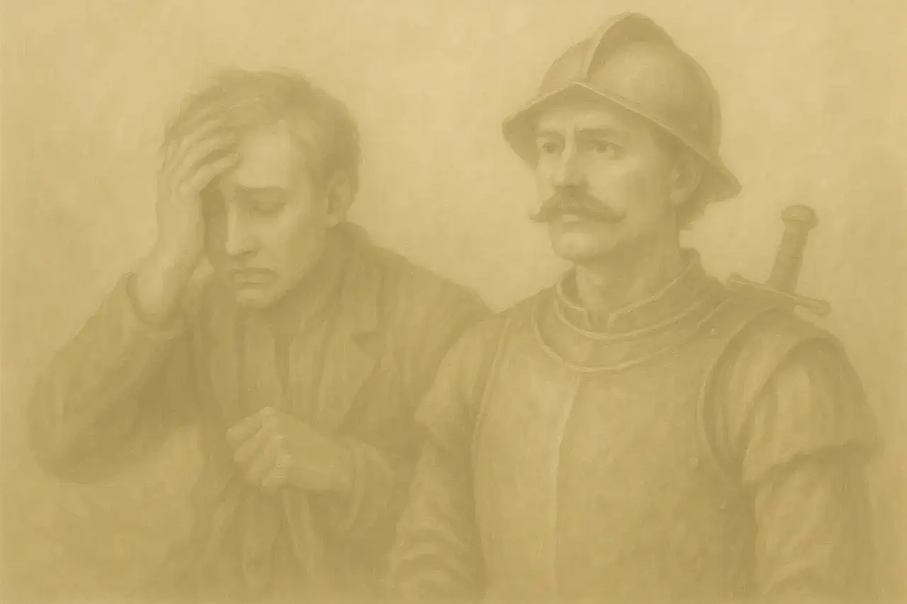 Dwóch mężczyzn: jeden w zbroi z mieczem, drugi ze smutkiem trzymający się za głowę.