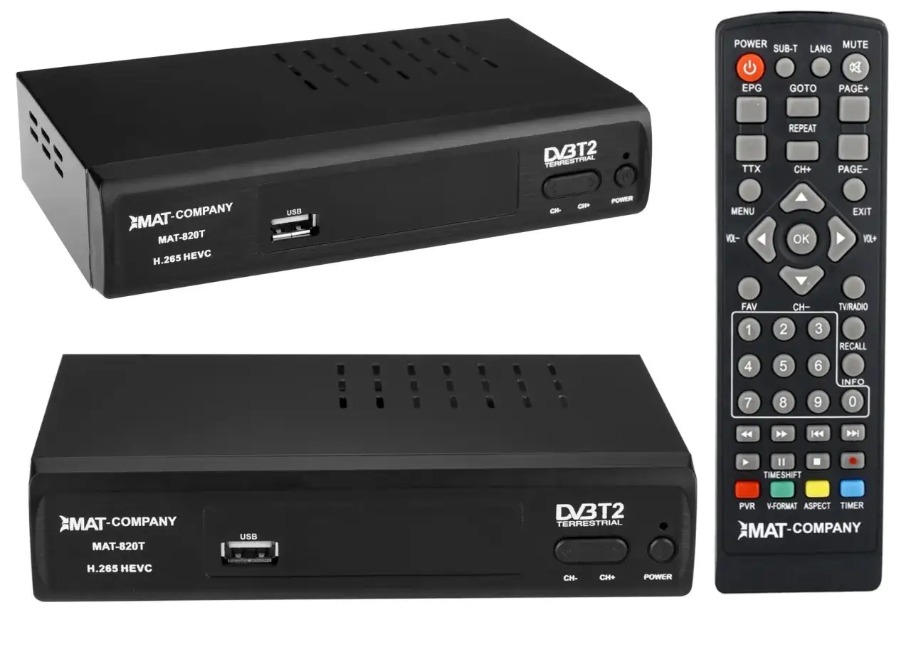 Dwa dekodery DVB-T2 MAT-820T z obsługą HEVC i pilot.