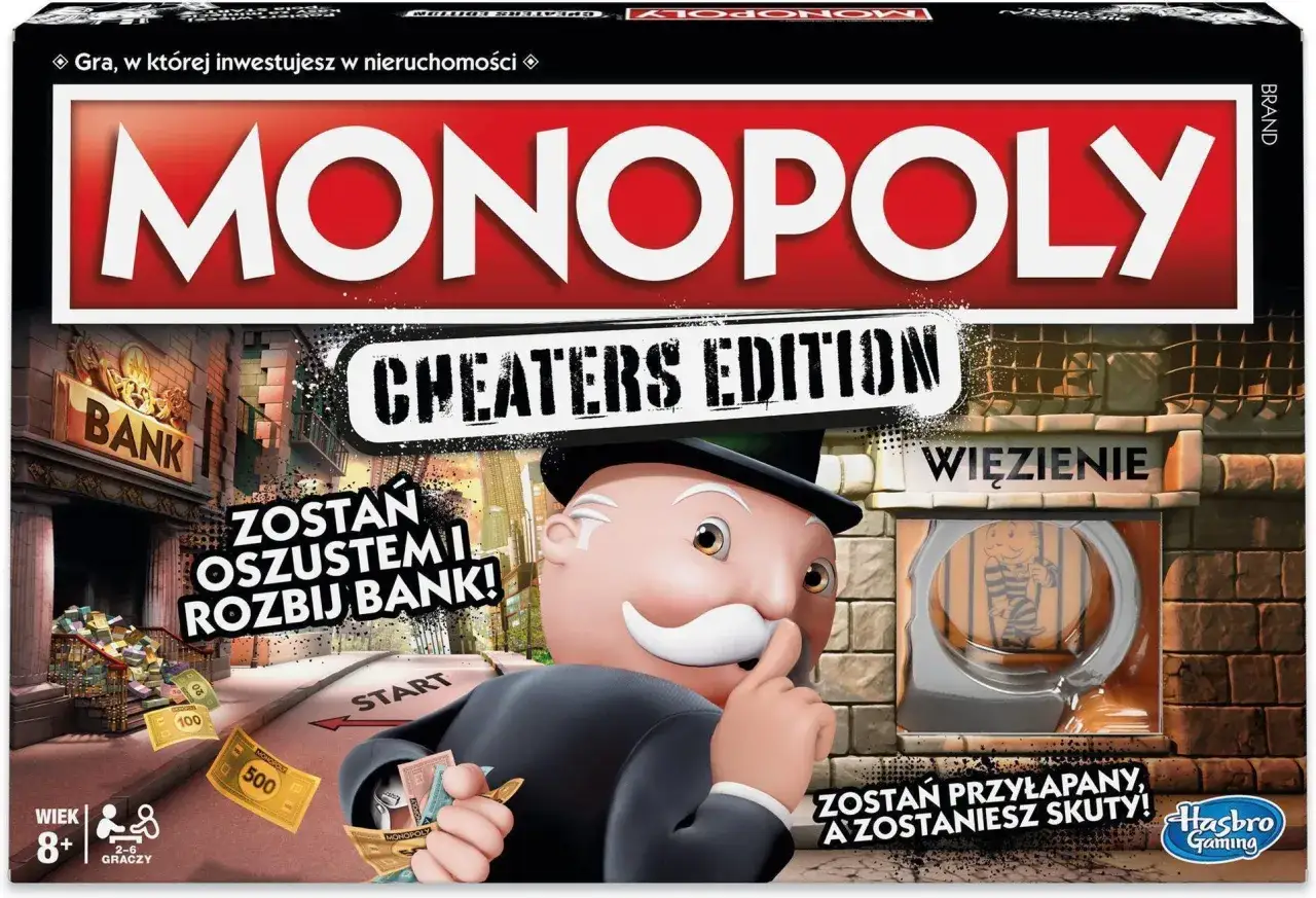 Pudełko gry Monopoly Cheaters Edition z postacią pana Monopoly, bankiem i więzieniem.