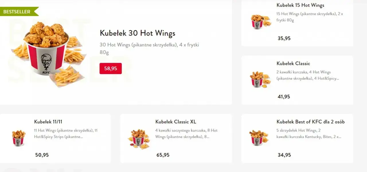 Kubełek 30 Hot Wings z 4 porcjami frytek kosztuje 58,95 zł. Na ekranie widać też inne zestawy, np. Kubełek 15 Hot Wings za 35,95 zł.