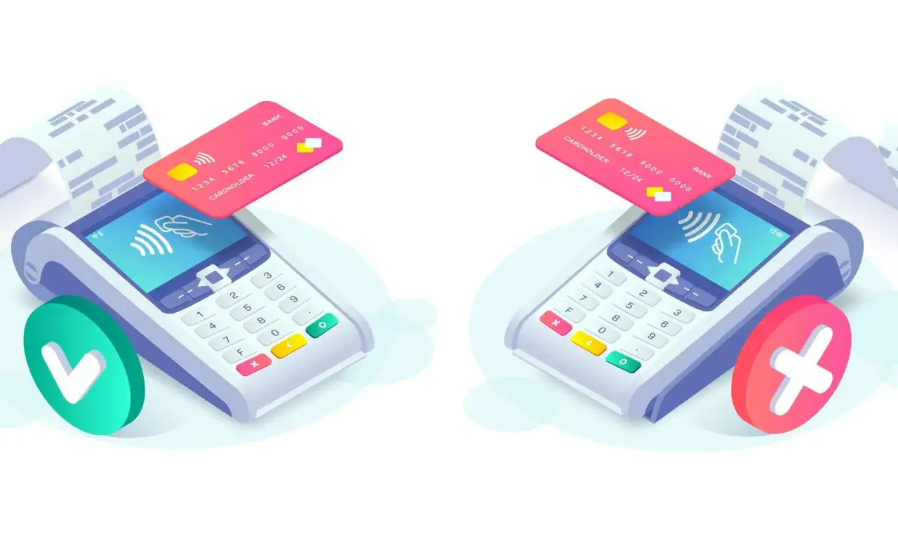 Dwa terminale płatnicze z kartami i symbolami potwierdzenia (zielony) i odrzucenia (czerwony).