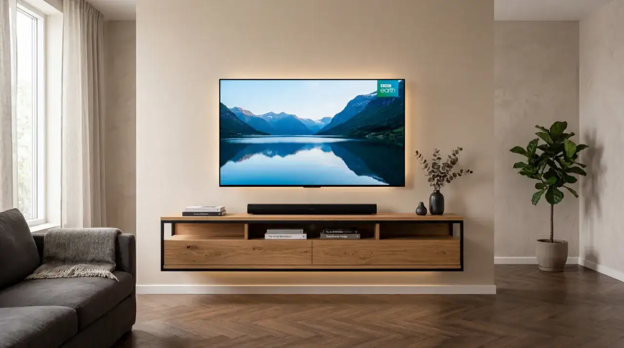 Nowoczesna ściana z telewizorem: wisząca szafka RTV z drewna, czarny soundbar i duży ekran z widokiem na góry.