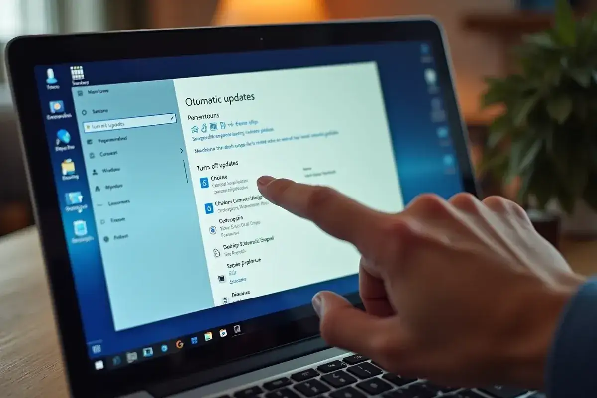 Palec wskazuje opcję "Turn off updates" na ekranie laptopa, pokazując jak wyłączyć aktualizacje Windows 10.