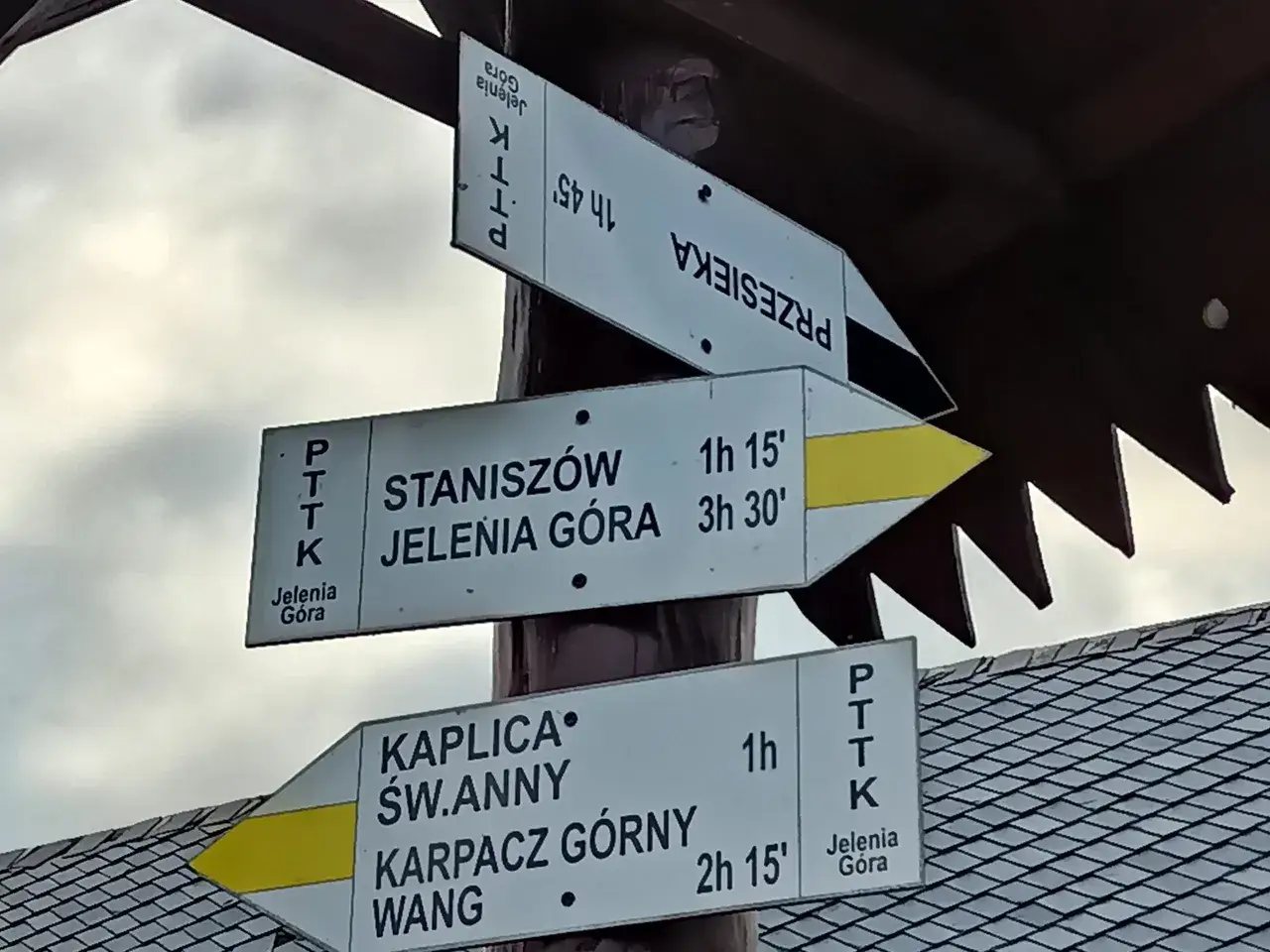 Droga do Kaplicy Św. Anny w Karpaczu Górnym. Znaki PTTK wskazują trasę na Przesiekę, Staniszów i Jeleniej Górę.