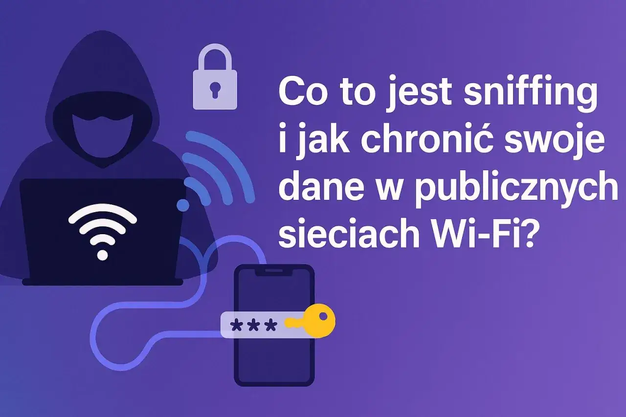 Sylwetka hakera przy laptopie, symbol kłódki i hasła na telefonie. Dowiedz się, co to jest sniffing i jak chronić dane w publicznych sieciach Wi-Fi.