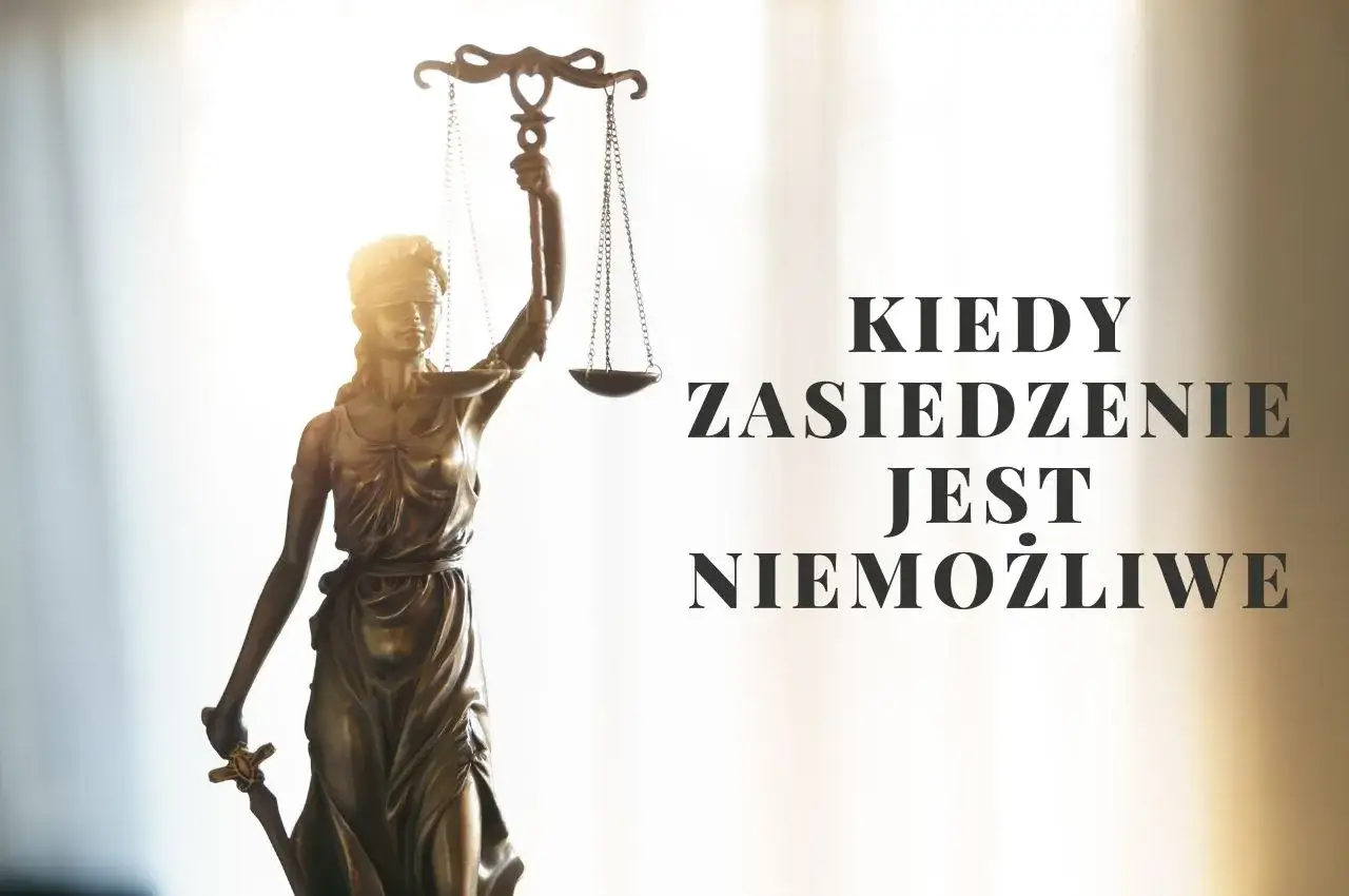 Figurka Temidy z wagą i mieczem, symbol sprawiedliwości. Tekst: Kiedy zasiedzenie jest niemożliwe.