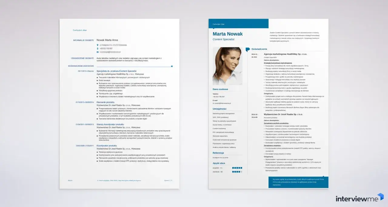 CV Marty Nowak, Content Specialist. Długość CV: 2 strony.