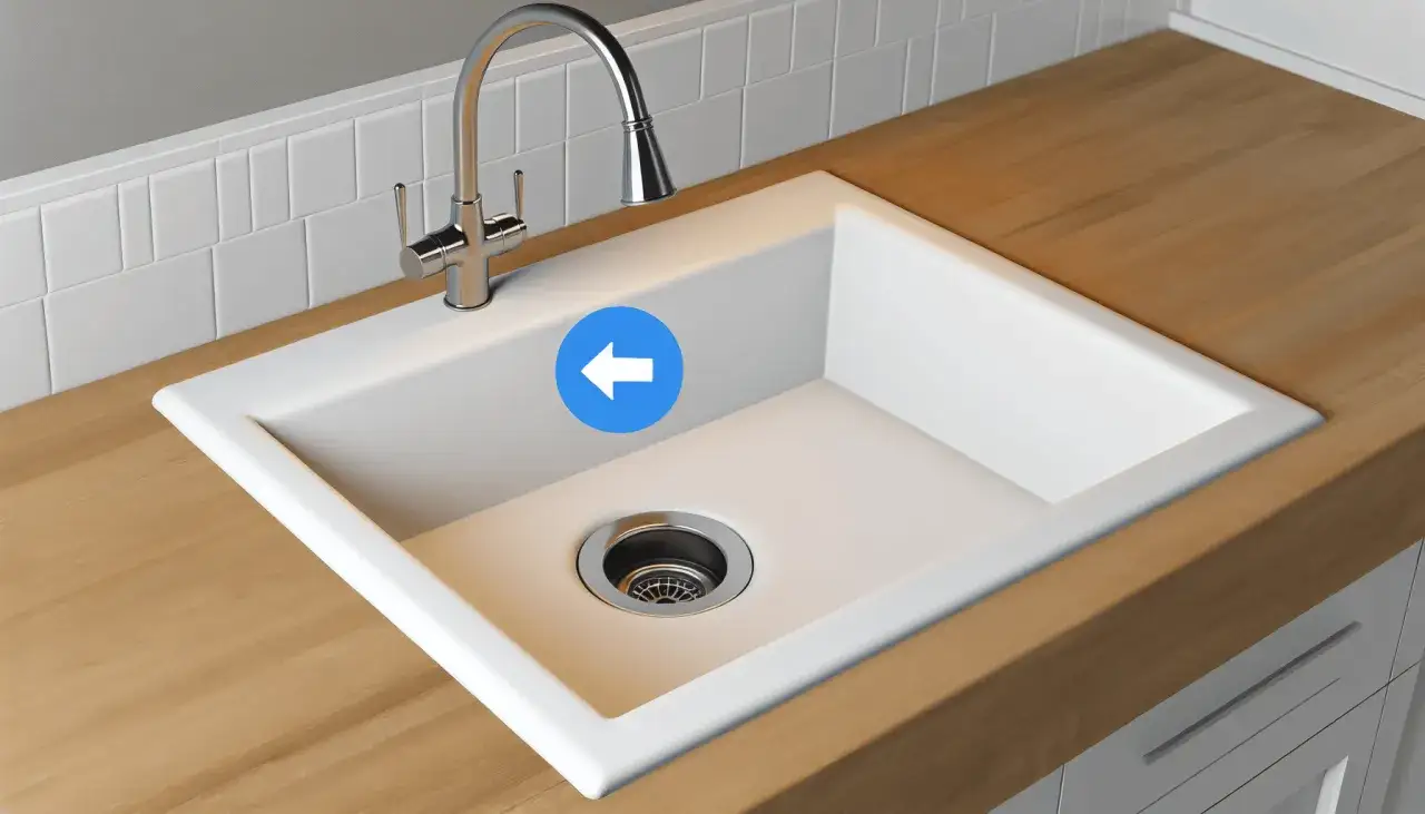 Biały zlewozmywak nakładany na drewniany blat. Strzałka wskazuje miejsce montażu, pokazując jak zamontować zlewozmywak nakładany bez otworów.