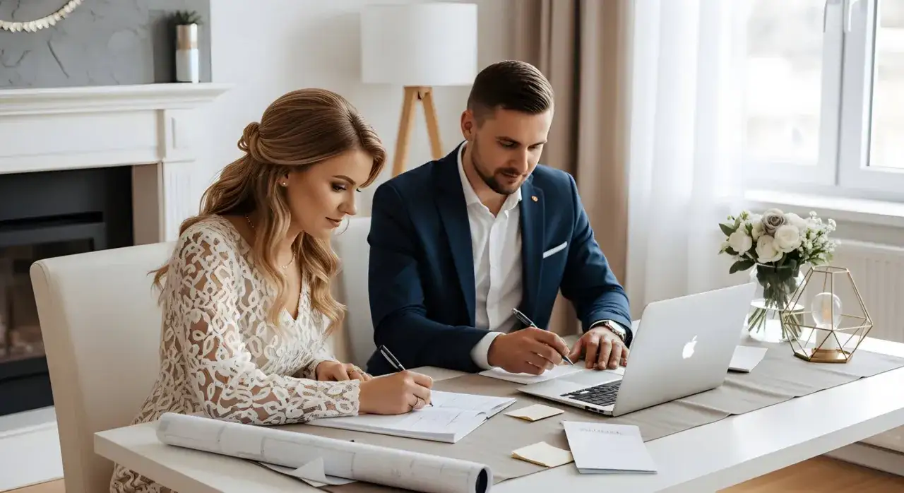 Para młoda przy biurku z laptopem i dokumentami, planująca wesele.