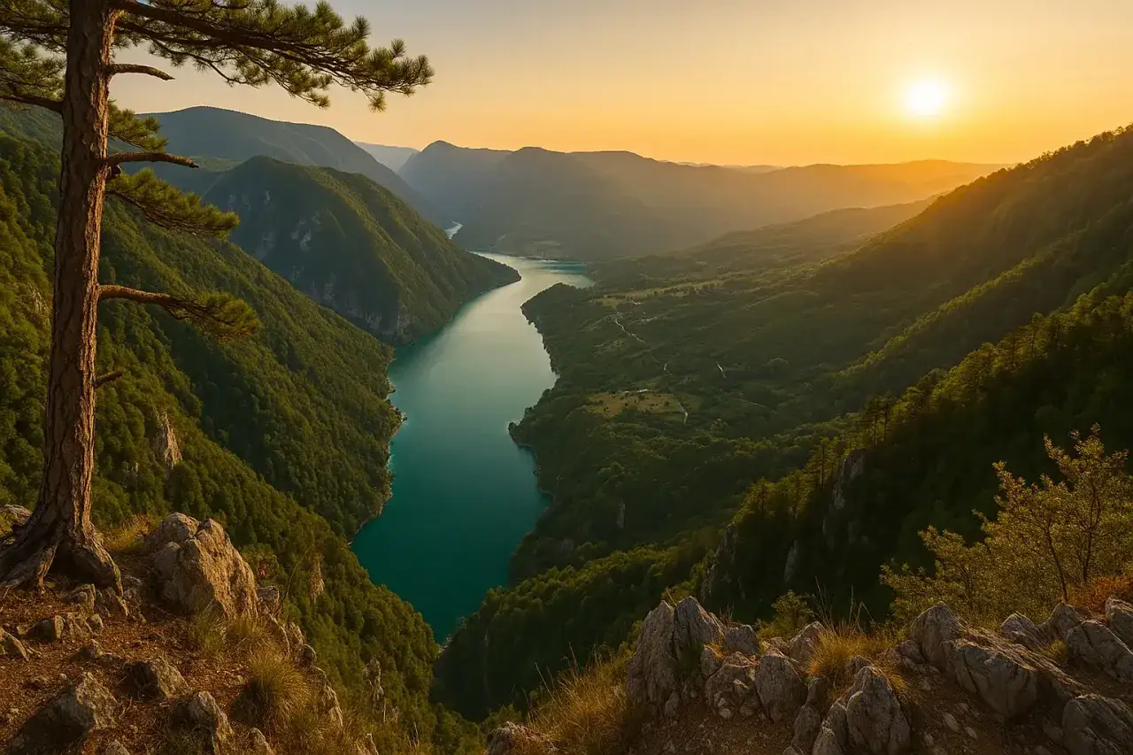Zachód słońca nad kanionem rzeki w parku narodowym Tara. Turkusowa woda meandruje między zielonymi wzgórzami.