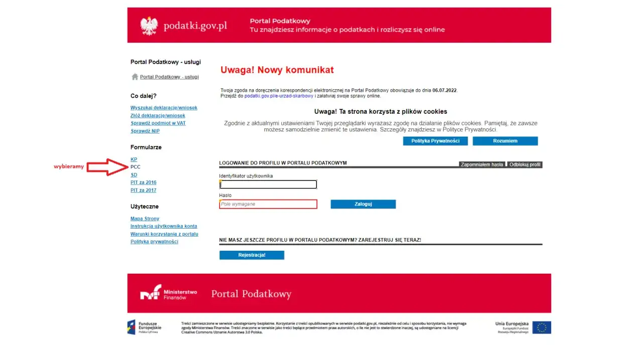 Czerwona strzałka wskazuje formularz PCC na stronie Portalu Podatkowego.