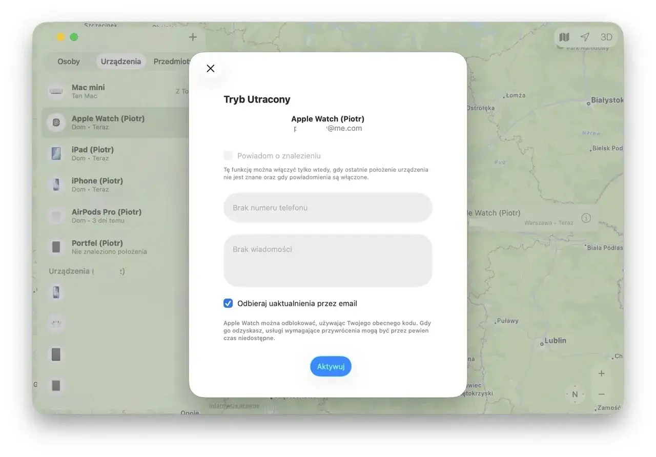 Ekran aplikacji "Znajdź" pokazuje, jak śledzić iPhone'a i inne urządzenia Apple. W trybie utraconym można podać numer telefonu i wiadomość.