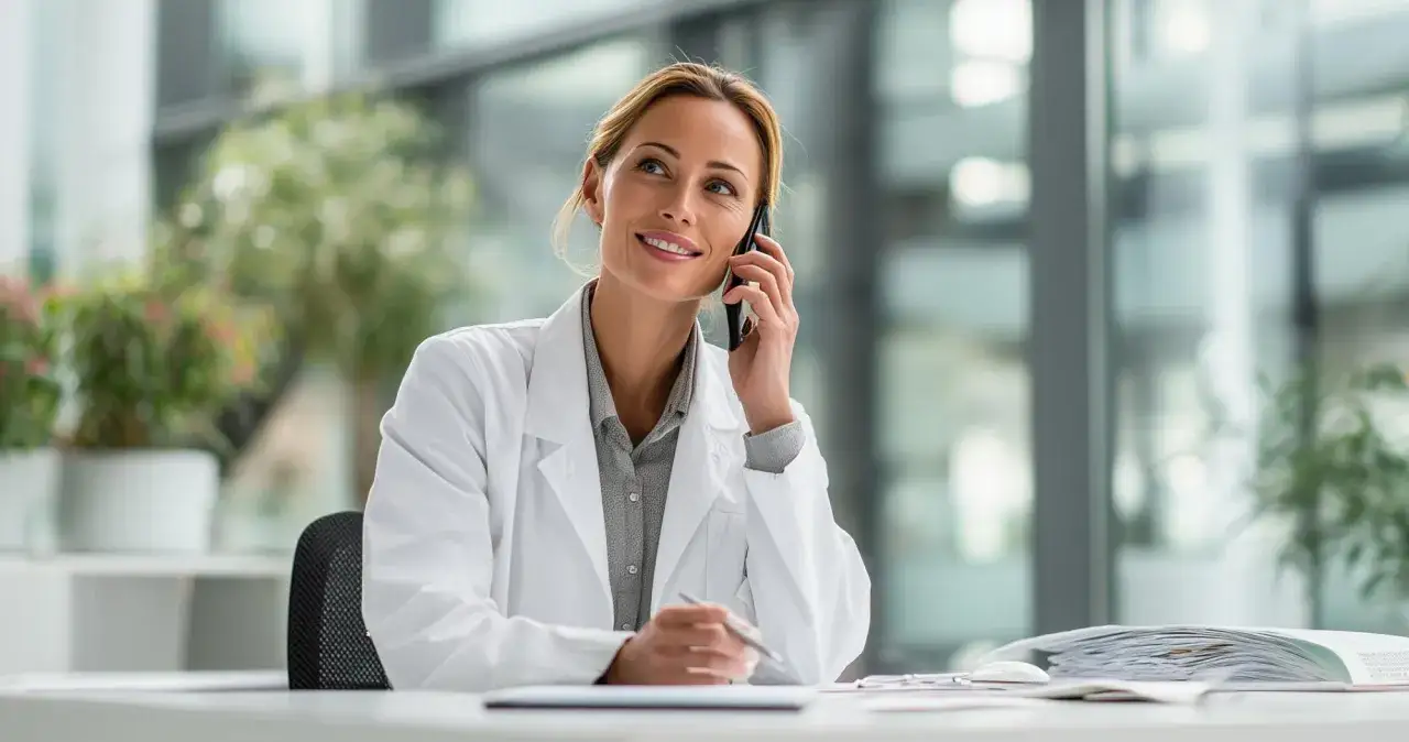 Kobieta w białym kitlu rozmawia przez telefon, siedząc przy biurku.