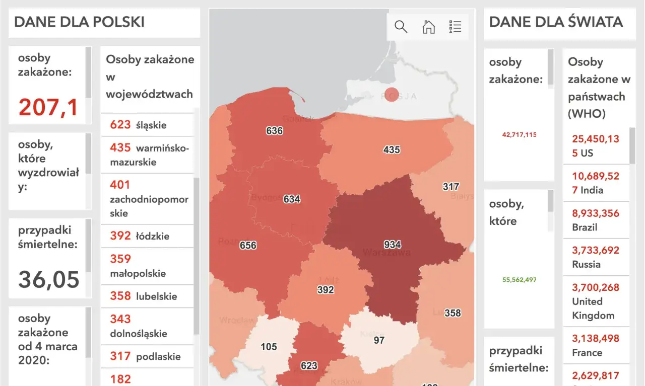 Mapa Polski z zaznaczonymi województwami i liczbą zakażeń. Dane o zakażeniach w Polsce i na świecie.