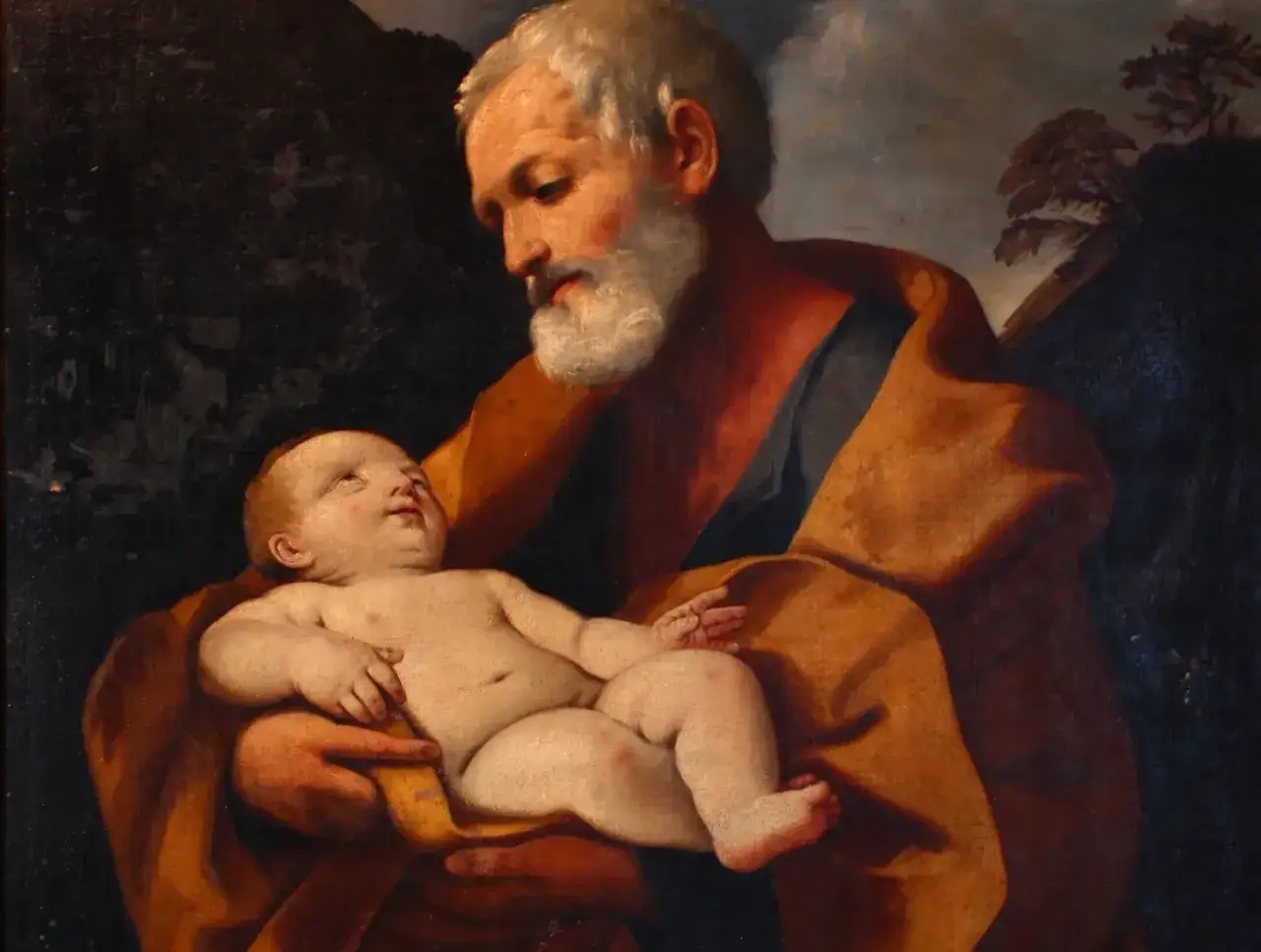 Święty Józef trzyma na rękach Dzieciątko Jezus. Obraz przypomina o modlitwie litania do św Józefa.