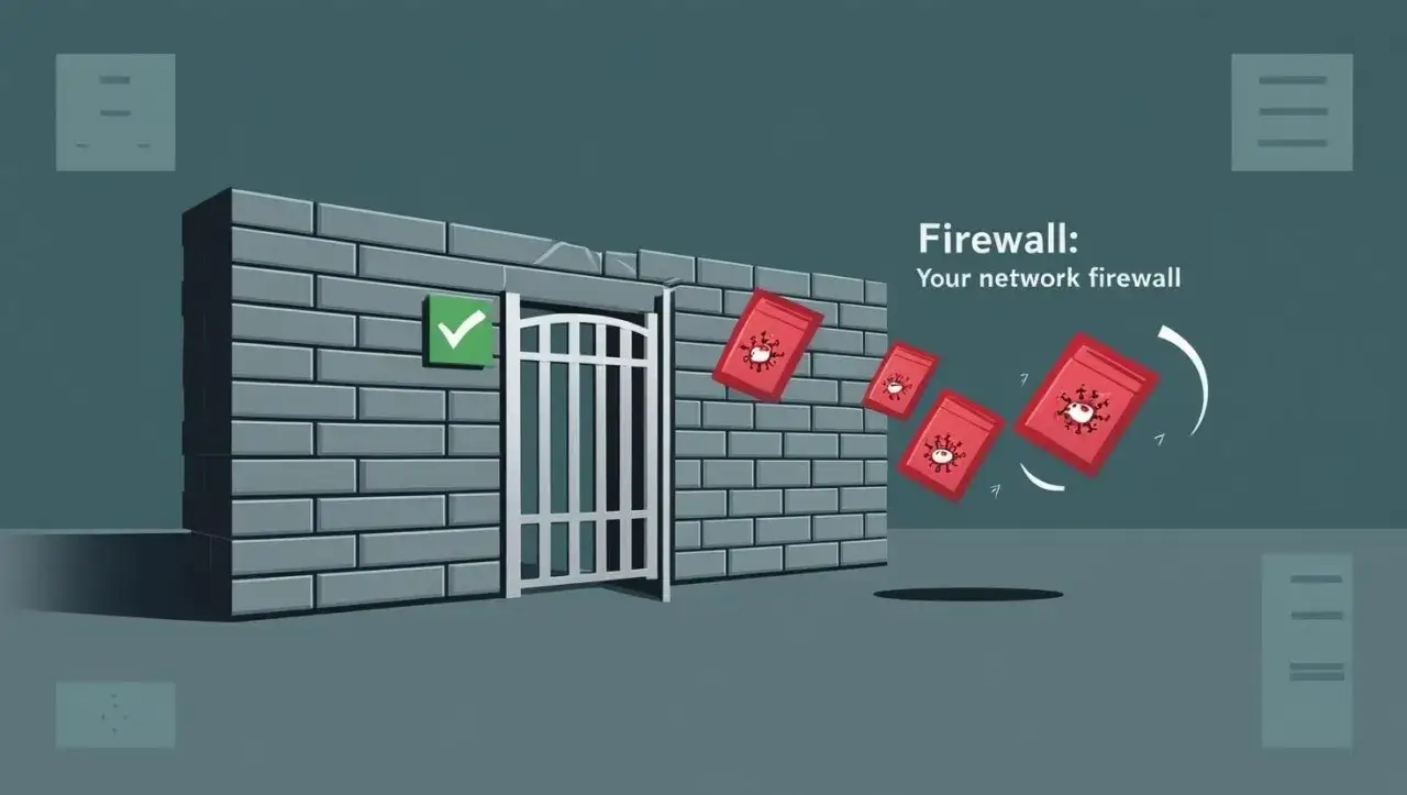 Solidna ściana z cegły, symbolizująca firewall, blokuje czerwone paczki z wirusami. Zielony znaczek potwierdza bezpieczeństwo.