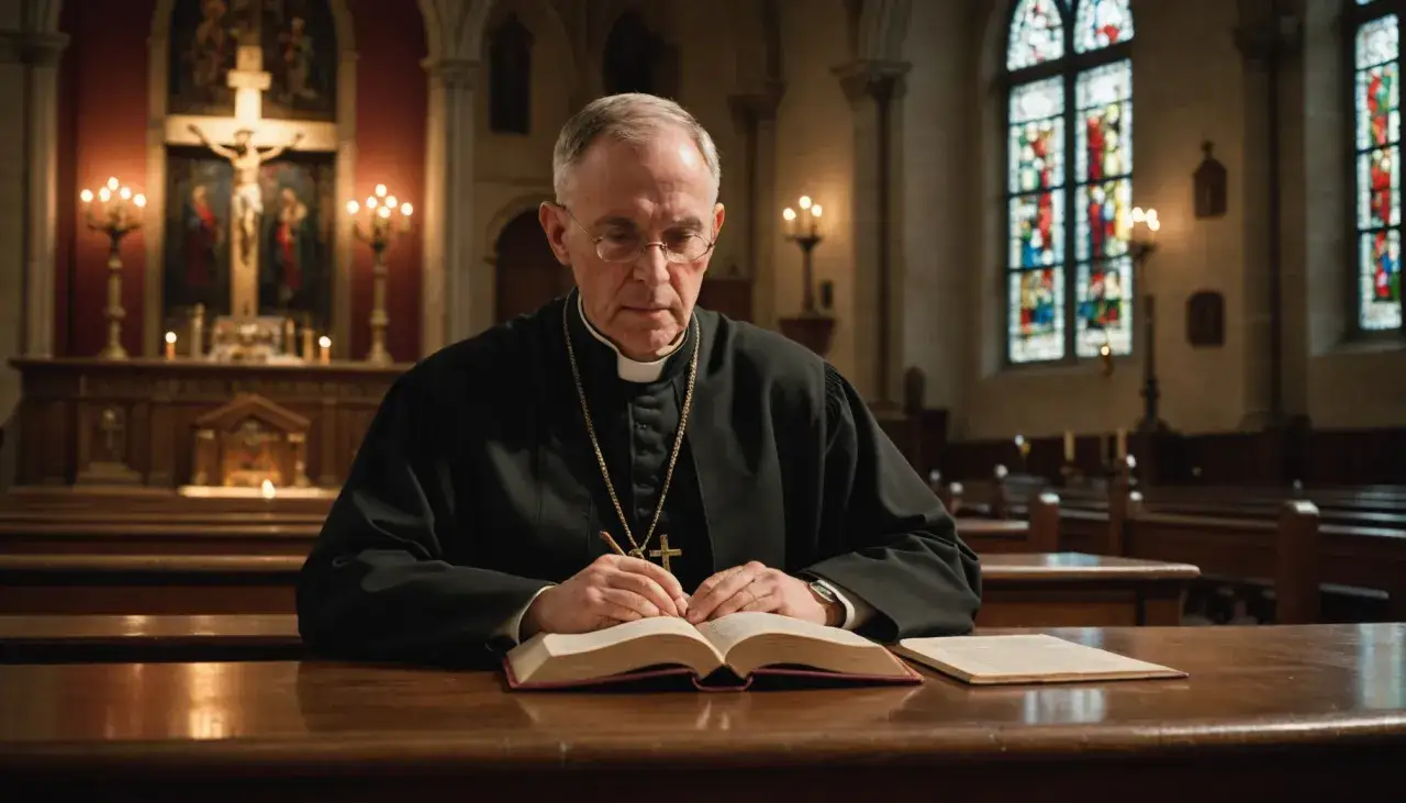 Biskup w kościele pochyla się nad księgą, zastanawiając się, czy masturbacja to grzech ciężki.