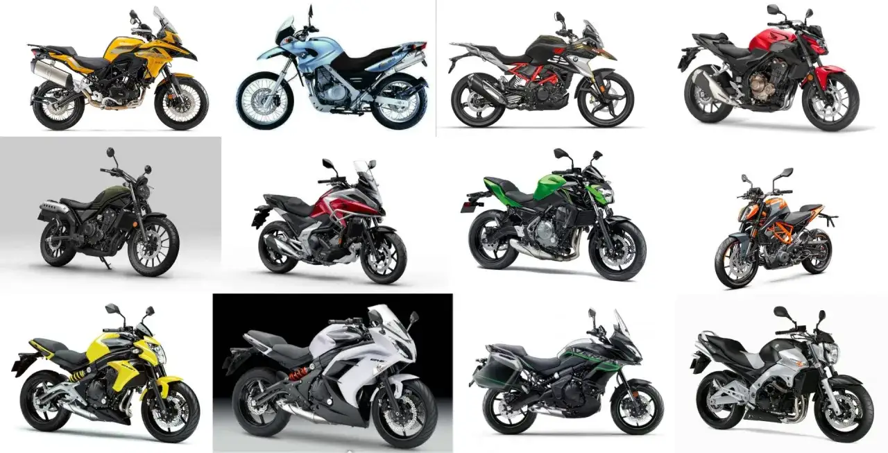 Kolekcja motocykli sportowych: żółty, niebieski, czarno-złoty, czerwony, zielony, srebrny i inne.