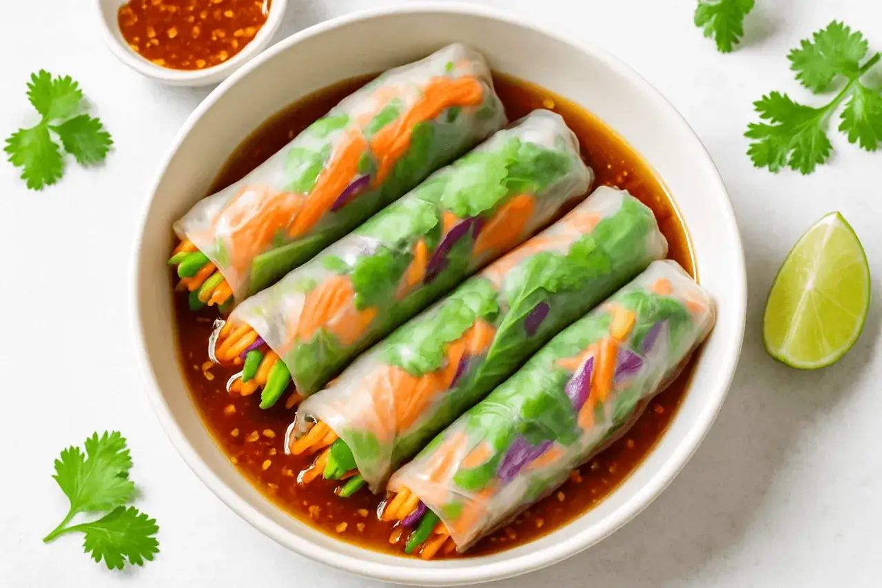 Świeże spring rolls z warzywami w sosie do spring rolls. Kolorowe warzywa, takie jak marchewka i czerwona kapusta, widoczne przez przezroczyste ciasto.