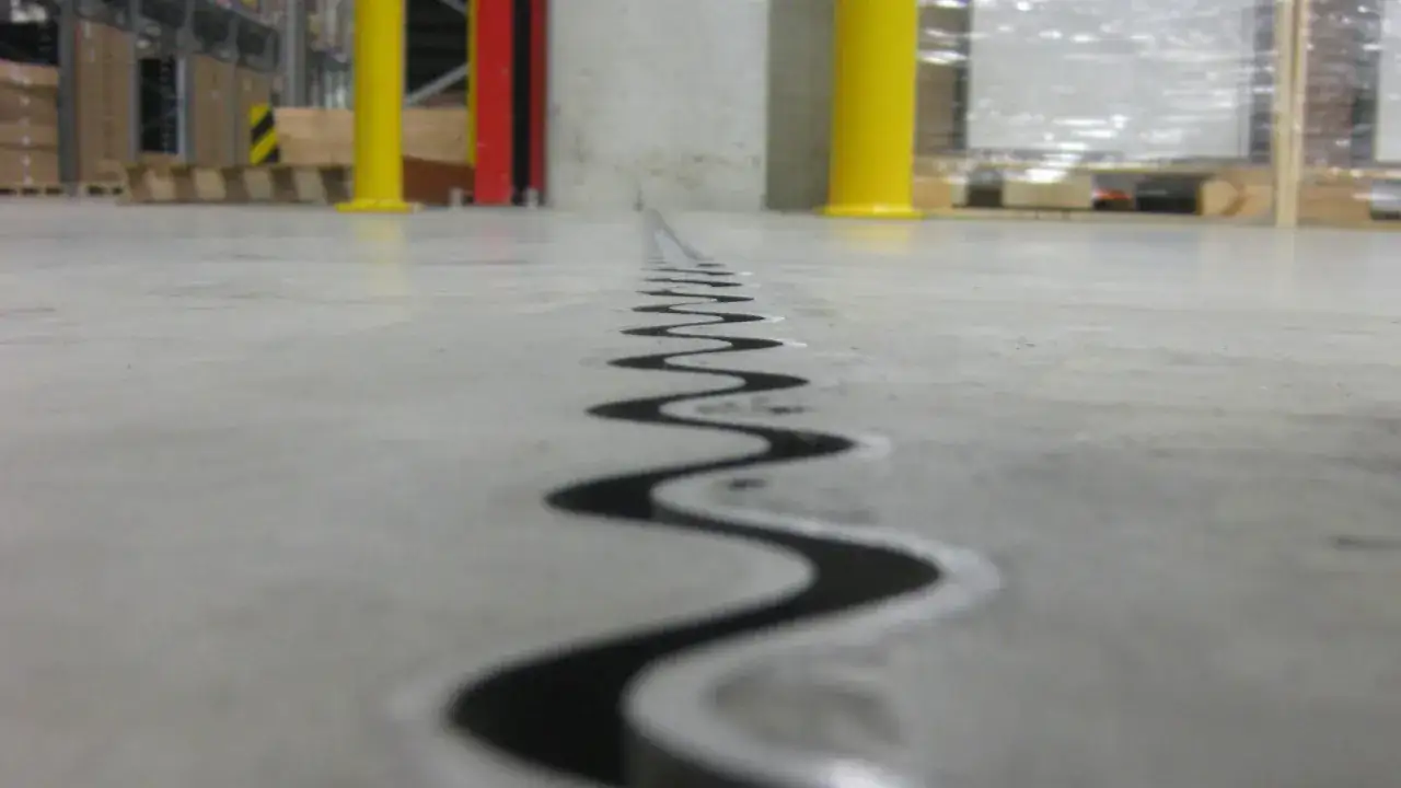 Szczegółowe wykonanie dylatacji w wylewce betonowej, widoczne na tle magazynowym z żółtymi słupami.