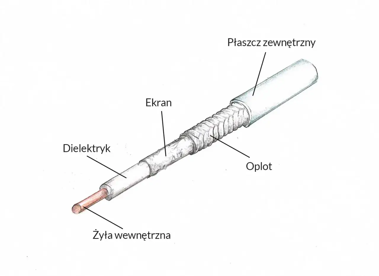 Przekrój kabla antenowego z widocznymi warstwami: żyłą, dielektrykiem, ekranem, opletem i płaszczem.
