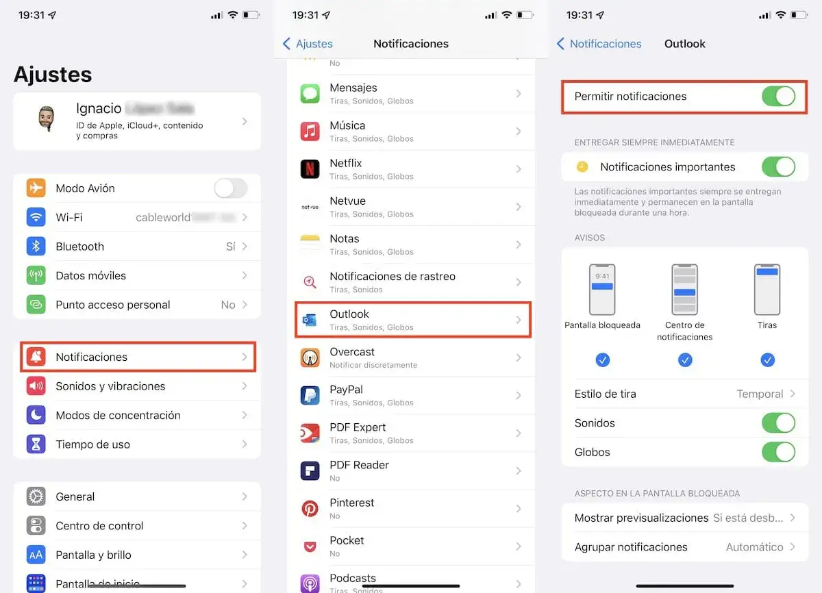Jak wyciszyć powiadomienia iPhone: w Ustawieniach wybierz Powiadomienia, a następnie Outlook. Wyłącz "Pozwól na powiadomienia".