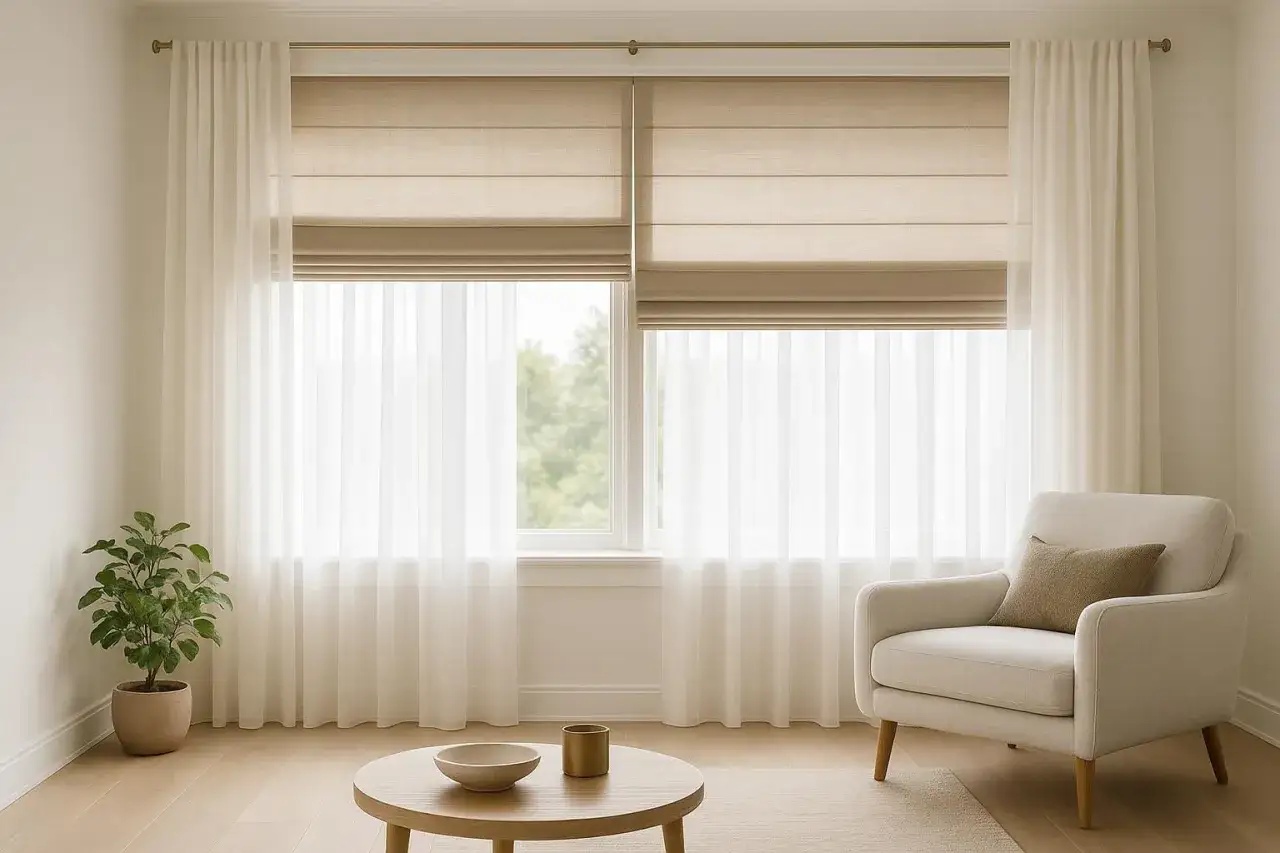 Eleganckie dekoracje okien: zasłony, rolety rzymskie i ozdoby na parapet tworzą przytulną atmosferę.