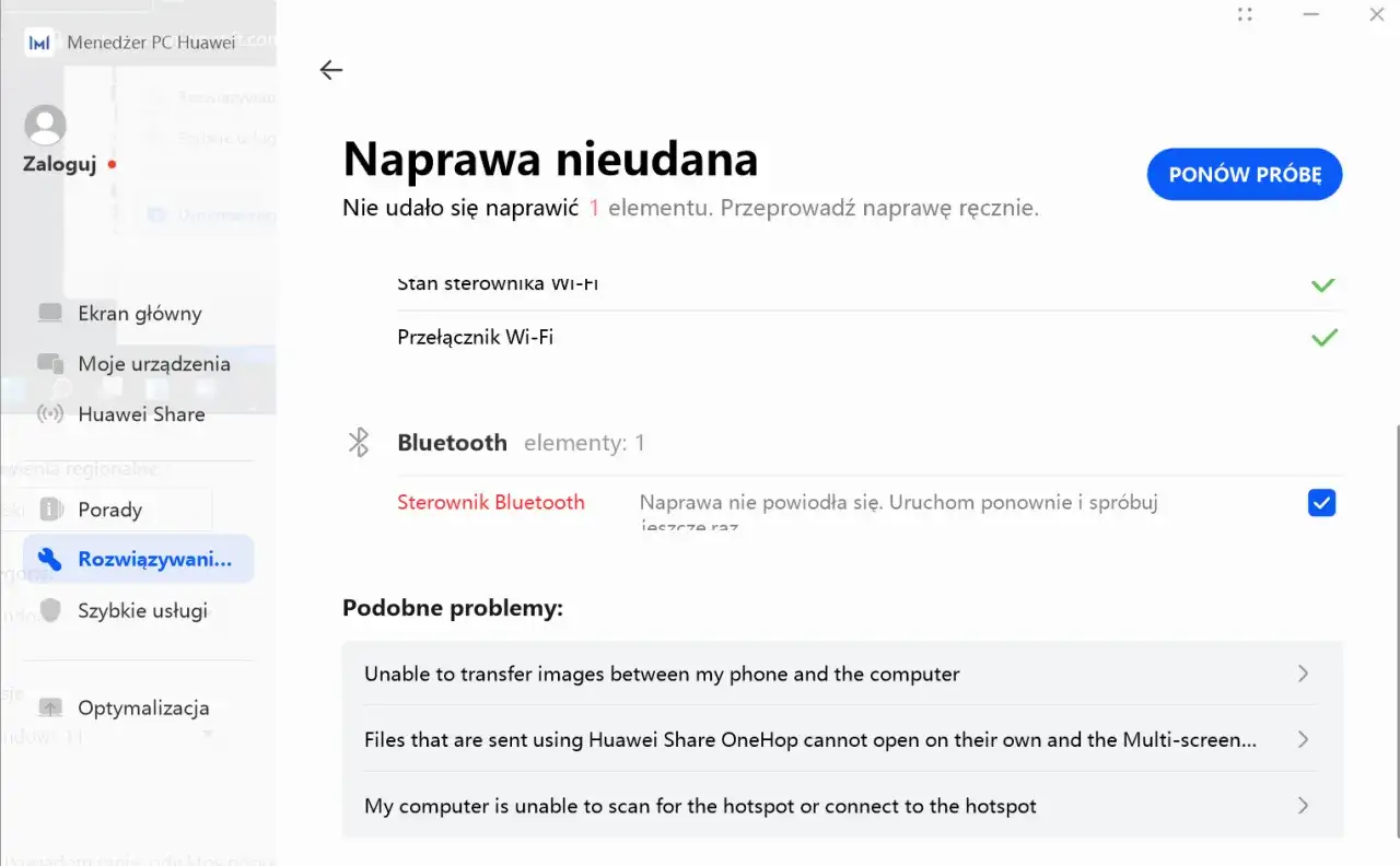 Nieudana naprawa sterownika Bluetooth. Aby włączyć Bluetooth na PC, spróbuj ponownie.