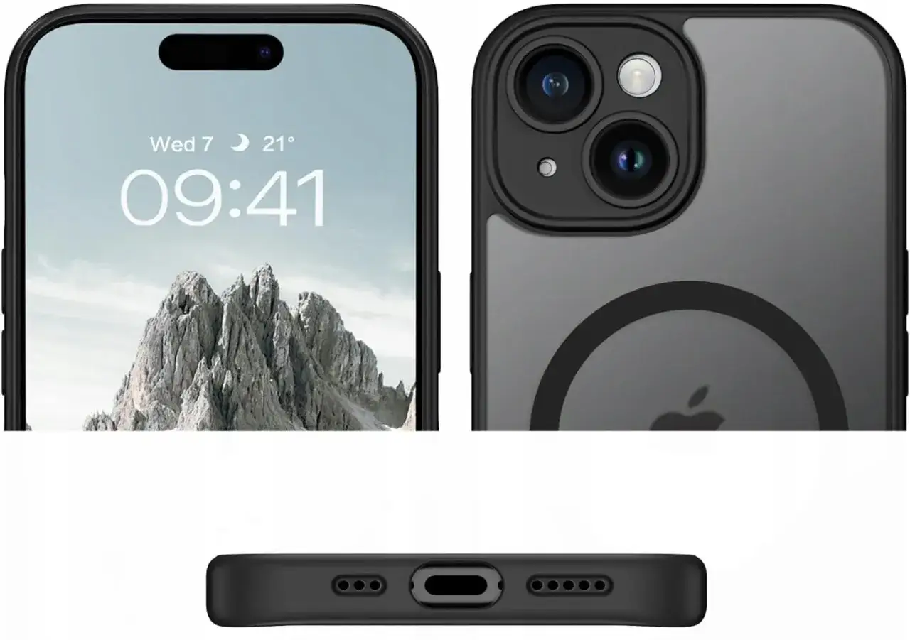 Etui na iPhone 12 pasuje do 13? Zobacz zbliżenia ekranu, aparatu i dolnej krawędzi telefonu w czarnym etui.