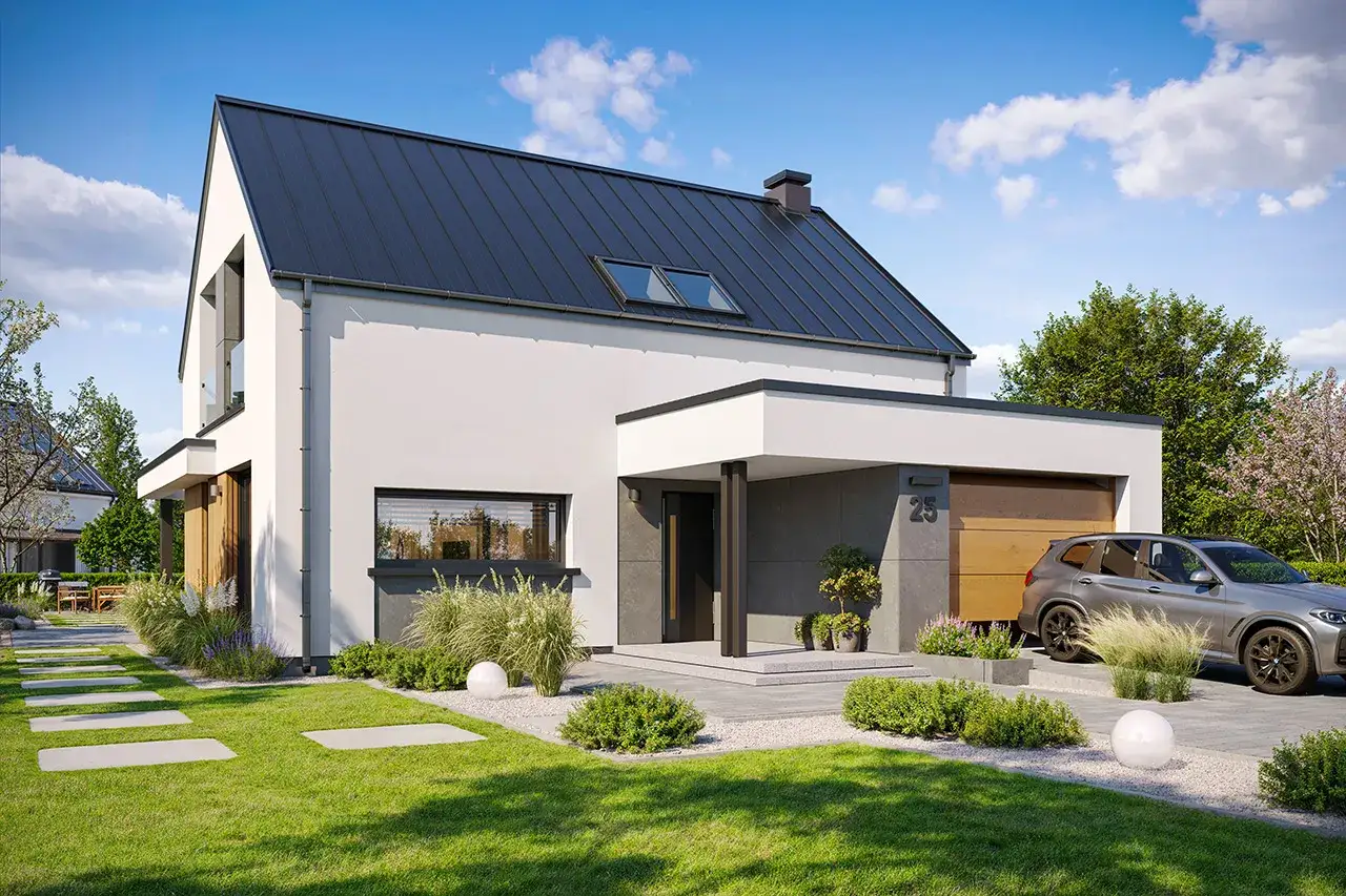 Nowoczesny dom w goździkowcach g2 z garażem, podjazdem i zadbanym ogrodem.