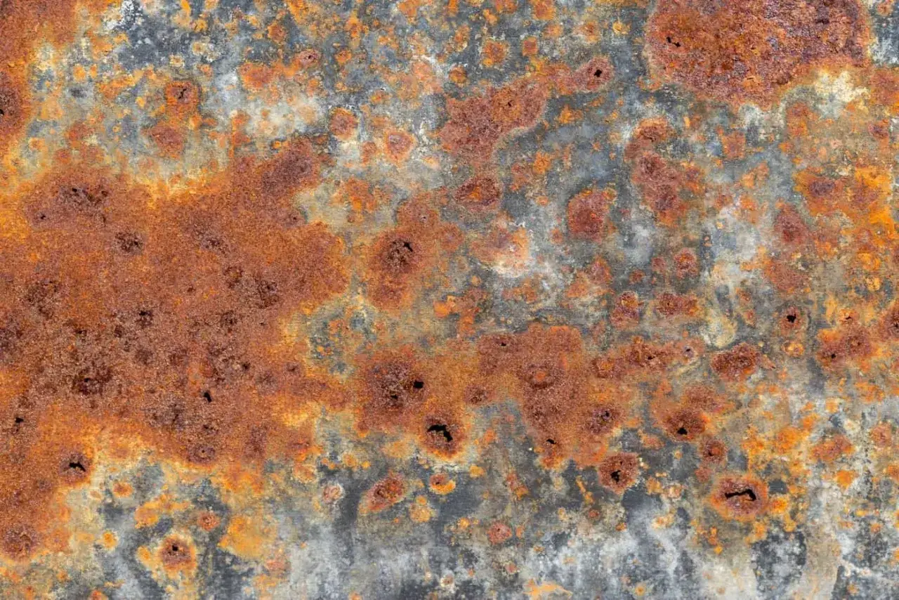 Tekstura zardzewiałego metalu, z widocznymi wżerami. Dowiedz się, jak usunąć rdzę z trudno dostępnych miejsc.