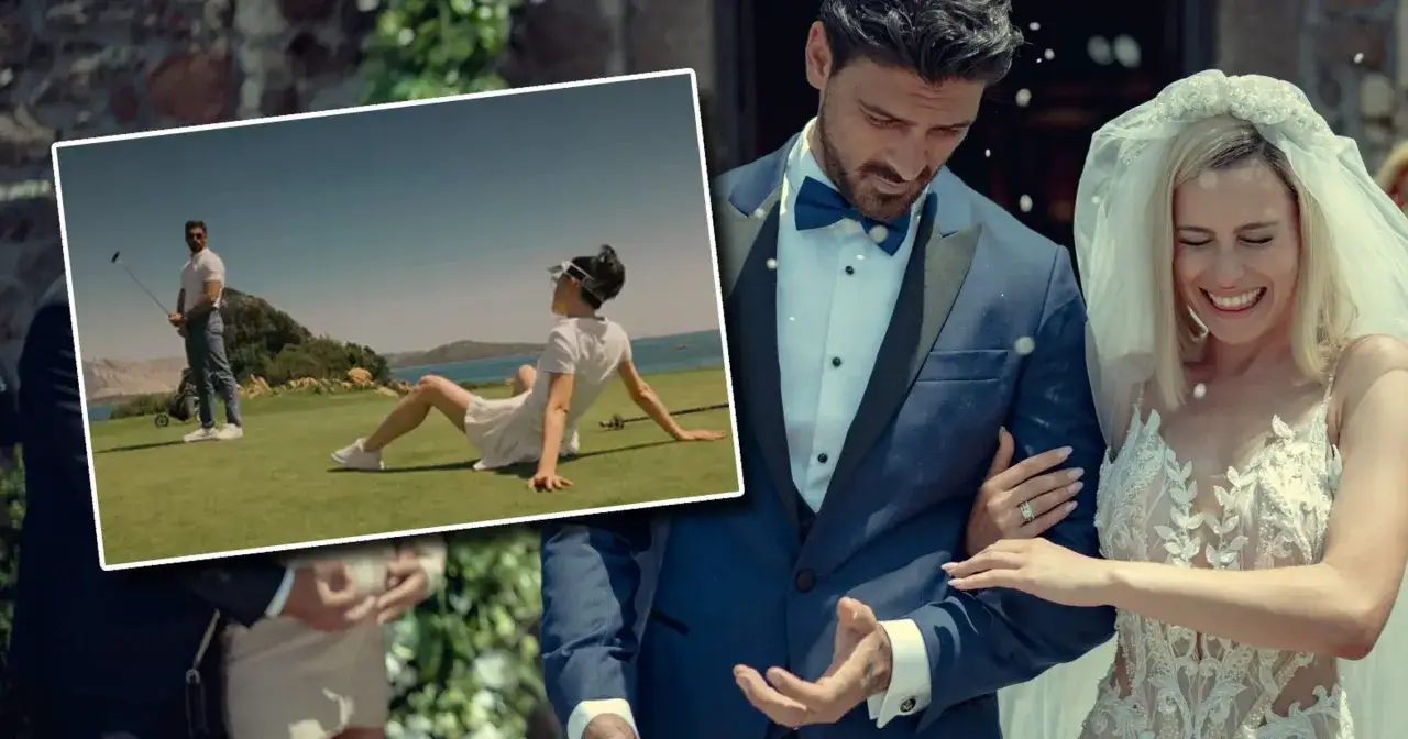 Na ślubie z filmu "365 dni: Ten dzień" para młoda wychodzi z kościoła, a w tle widać scenę z gry w golfa.