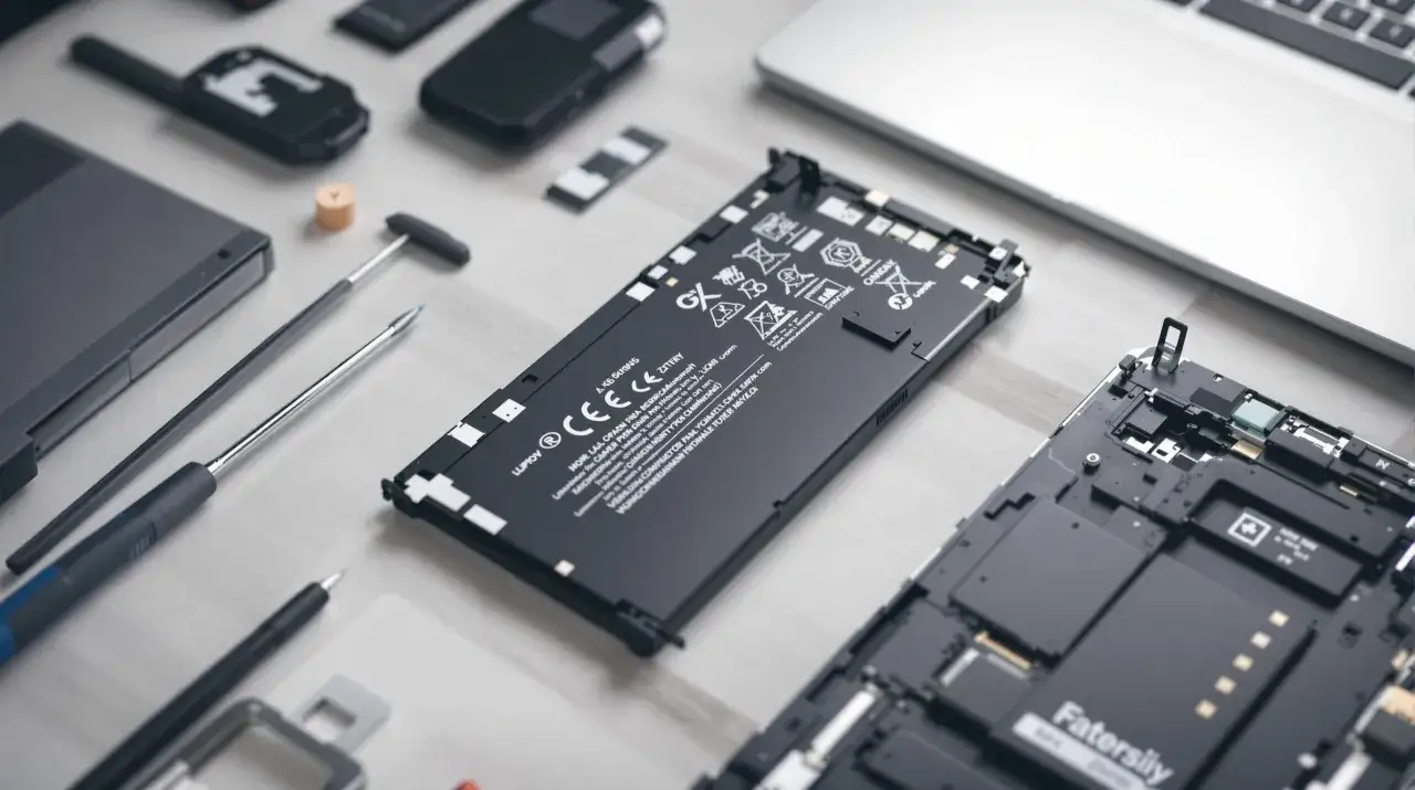Narzędzia i części do wymiany baterii w laptopie. Widoczna nowa bateria, płyta główna i śrubokręty.