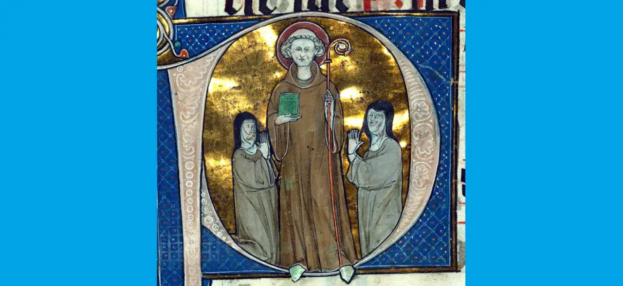 Ilustracja przedstawia modlitwę do świętego Bernarda. Święty z pastorałem i księgą błogosławi dwie klęczące mniszki.