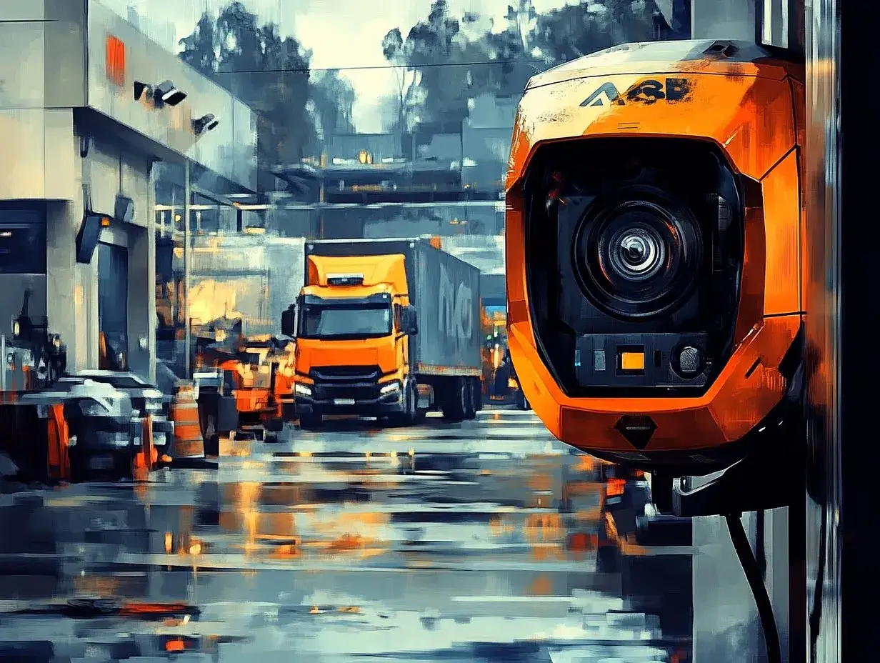 Pomarańczowa kamera monitoruje teren przemysłowy, gdzie system rozpoznawania tablic rejestracyjnych śledzi ruch ciężarówek i samochodów.