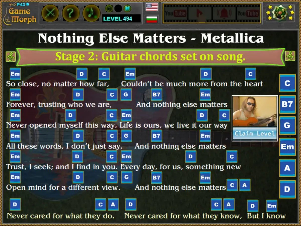 Gra "Nothing Else Matters - Metallica" z akordami na gitarze. Etap 2: akordy ustawione na piosenkę.