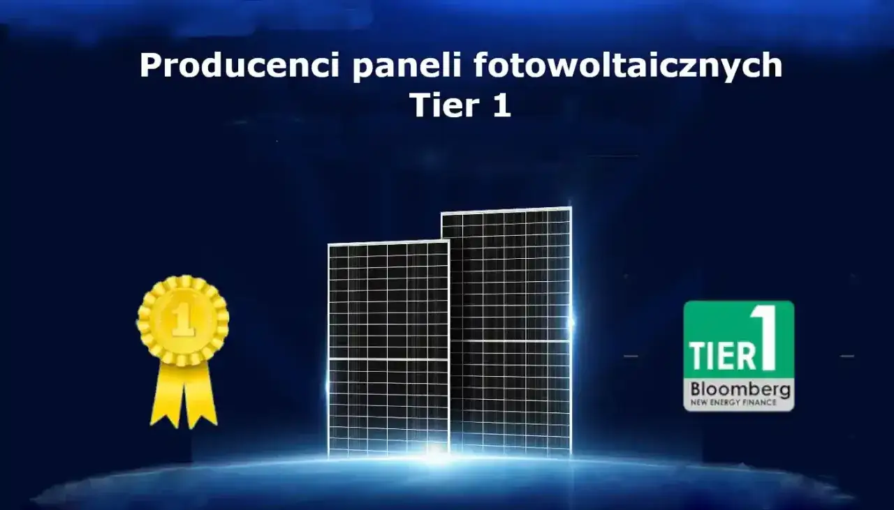 Producenci paneli fotowoltaicznych Tier 1: złoty medal, dwa panele i logo Bloomberg.