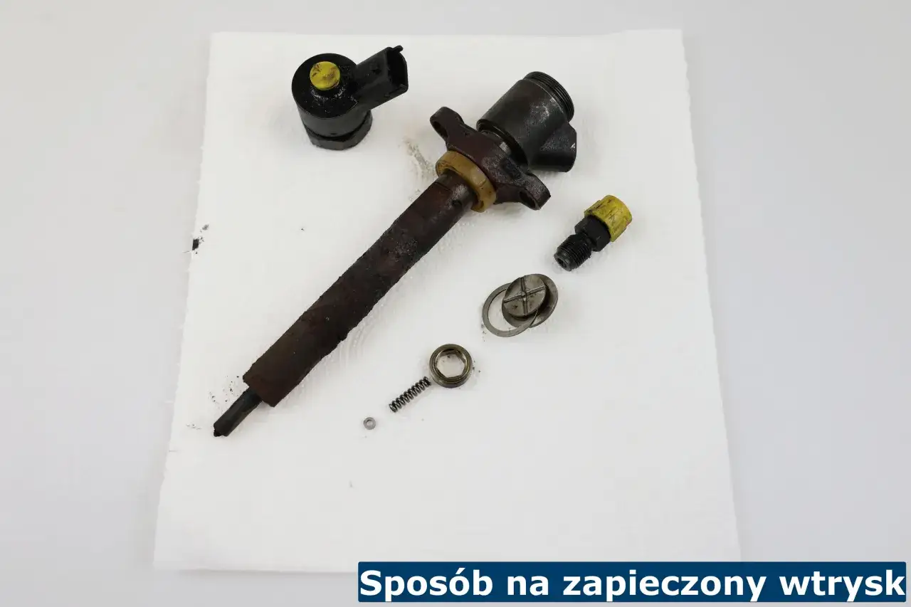 Rozłożony wtryskiwacz z widocznymi elementami, sprężynką i uszczelkami. Obok leży złącze elektryczne. To narzędzie, młotek do wtryskiwaczy, pomoże przy zapieczonym wtrysku.