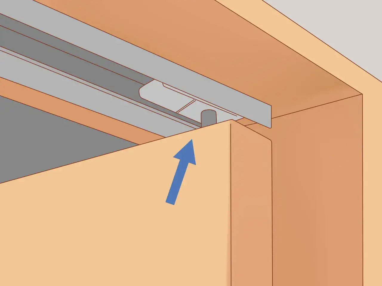 Szczegół mechanizmu do regulacji drzwi przesuwnych w szafie. Strzałka wskazuje kierunek podnoszenia.