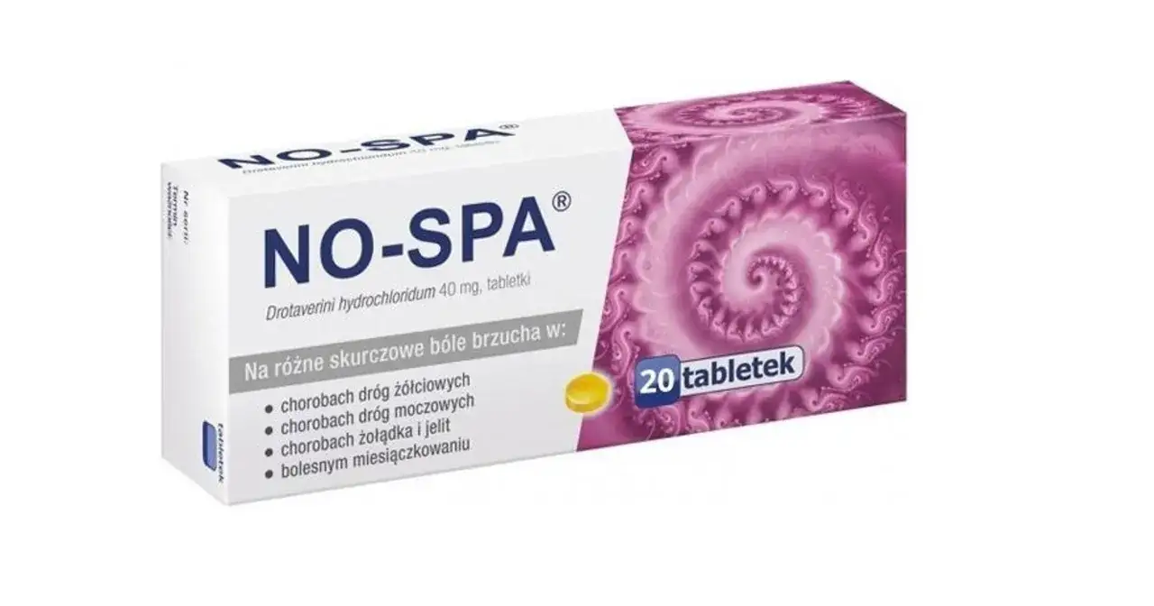 Opakowanie leku NO-SPA, 20 tabletek. Pomocne przy bólach brzucha, także w ciąży.