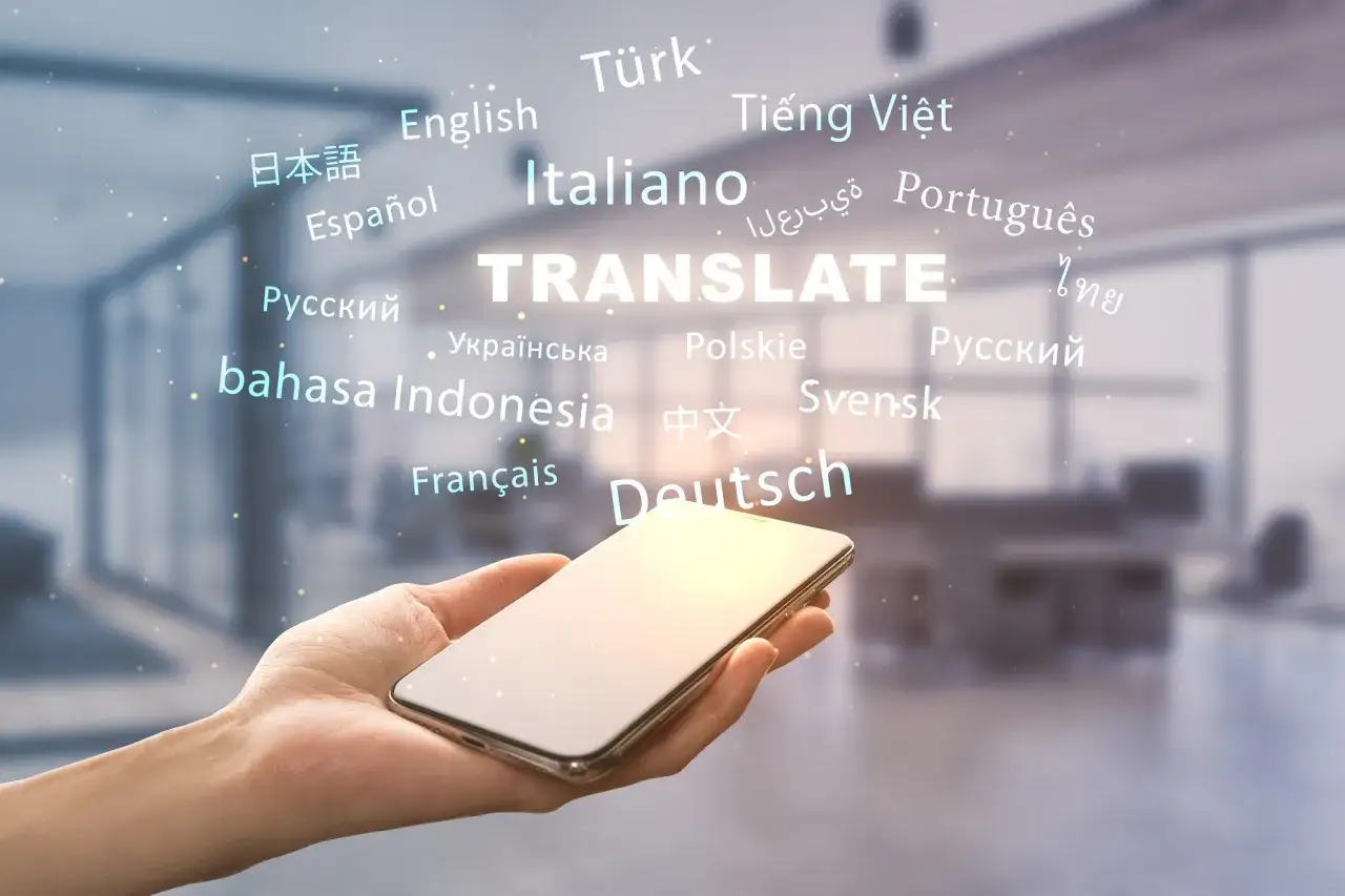 Dłoń trzyma smartfon, nad którym unosi się napis "TRANSLATE" otoczony nazwami języków. To pokazuje, jak przetłumaczyć tekst na wiele sposobów.