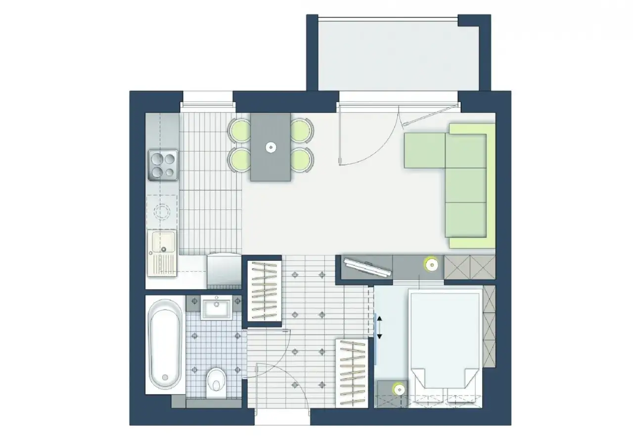 Projekt funkcjonalnego mieszkania 30m2: aneks kuchenny, salon z kanapą, sypialnia, łazienka z wanną i balkon.